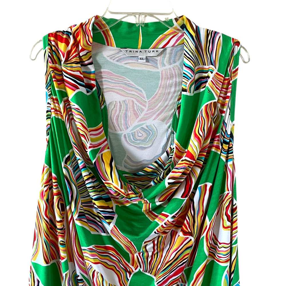 TRINA TURK Size XL Green Abstract Sleeveless Cowl Racerback Pullover Top USA NEW - Picture 5 of 5